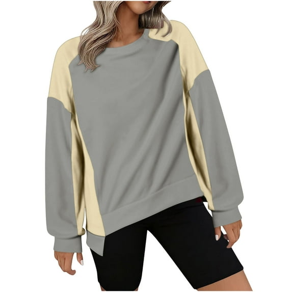 QQAMB Women's Sweatshirts Color Block Crewneck Long Sleeve Split Loose Pullover Fall Winter Sweatshirts Tops Gray S