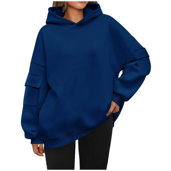 DeHolifer Women's Sweatshirts Solid Color Long Sleeve Side Pockets Hoodies Pullover Sweatshirts Casual Loose Pullover Tops Blue XL
