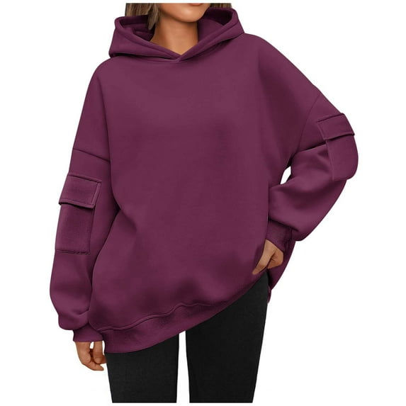 DeHolifer Women's Sweatshirts Solid Color Long Sleeve Side Pockets Hoodies Pullover Sweatshirts Casual Loose Pullover Tops Hot Pink M