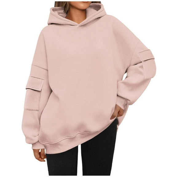 DeHolifer Women's Sweatshirts Solid Color Long Sleeve Side Pockets Hoodies Pullover Sweatshirts Casual Loose Pullover Tops Pink M