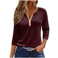 thumbnail image 1 of DeHolifer Women's T Shirt 3/4 Sleeve V-Neck Button Strip Print Casual T Shirt Loose Dressy Tunic Tops Wine S, 1 of 5