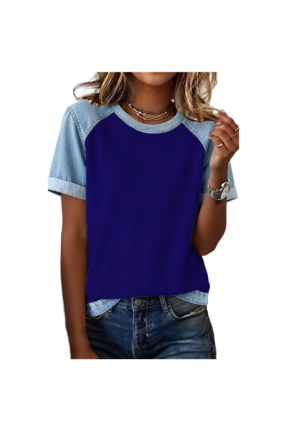 Women's T-Shirt Denim Patchwork Loose Crewneck Pullover Summer Casual Short Sleeve Tee Tops Blue L