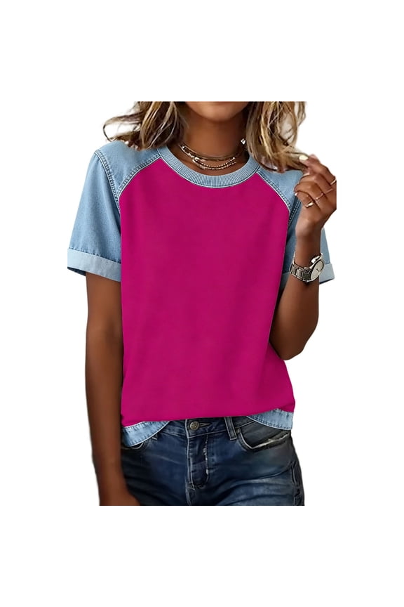 Women's T-Shirt Denim Patchwork Loose Crewneck Pullover Summer Casual Short Sleeve Tee Tops Hot Pink S