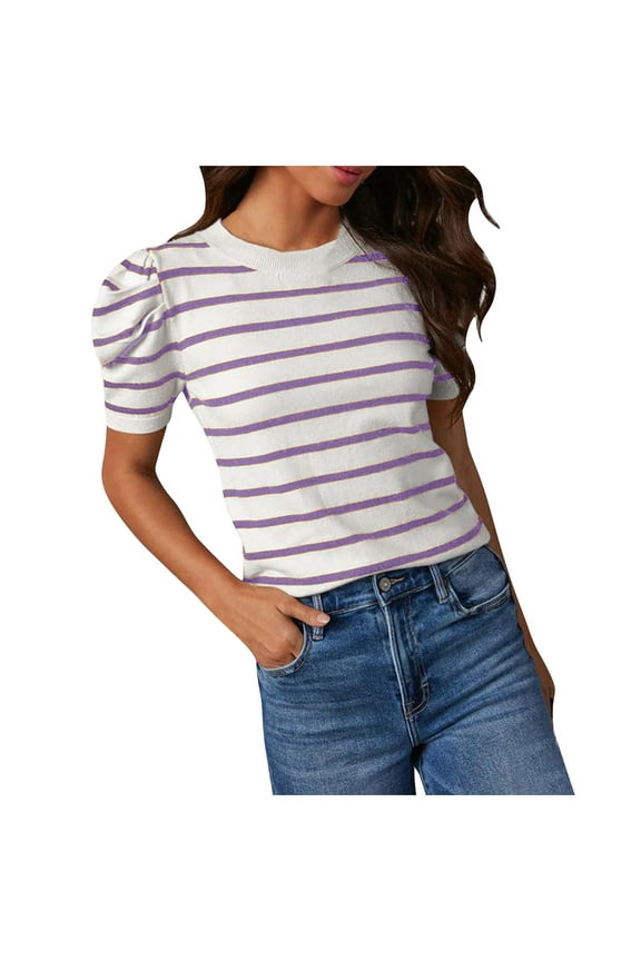 DeHolifer Women's T Shirt Striped Printed Short Sleeve Puff Sleeve Knit Tops Trendy Crewneck T Shirts Casual Summer Blouses Purple M