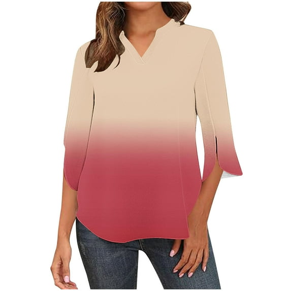 DeHolifer Women's T-Shirts 3/4 Sleeve V-Neck Gradient Color Regular Fit Loose Casual Fashion Shirt Top Orange L