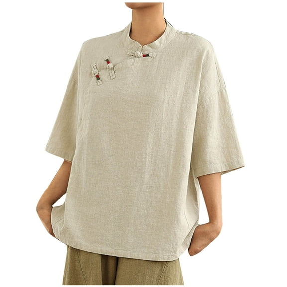 DeHolifer Women's T-Shirts Cotton Linen Casual Summer V-Neck Embroidery Printed Button Short Sleeve Blouse Shirts Beige L