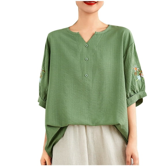 DeHolifer Women's T-Shirts Cotton Linen Casual Summer V-Neck Embroidery Printed Button Short Sleeve Blouse Shirts Green M