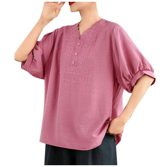DeHolifer Women's T-Shirts Cotton Linen Casual Summer V-Neck Embroidery Printed Button Short Sleeve Blouse Shirts Hot Pink 2XL