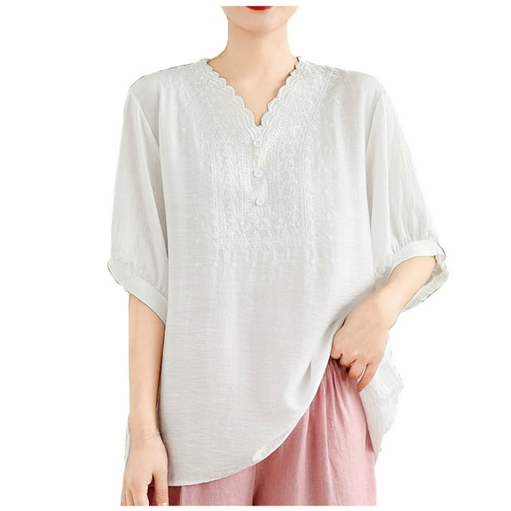 DeHolifer Women's T-Shirts Cotton Linen Casual Summer V-Neck Embroidery Printed Button Short Sleeve Blouse Shirts White L