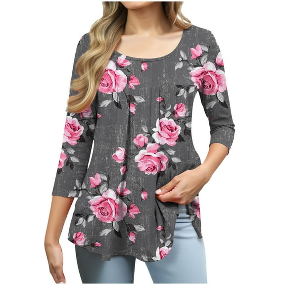 DeHolifer Women's T-Shirts Pleated 3/4 Sleeve Floral Printed Crewneck Summer Lightweight Loose Tee T-Shirts Gray S