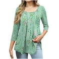 thumbnail image 1 of DeHolifer Women's T-Shirts Pleated 3/4 Sleeve Floral Printed Crewneck Summer Lightweight Loose Tee T-Shirts Green L, 1 of 6