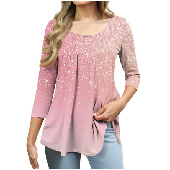 DeHolifer Women's T-Shirts Pleated 3/4 Sleeve Floral Printed Crewneck Summer Lightweight Loose Tee T-Shirts Pink XL