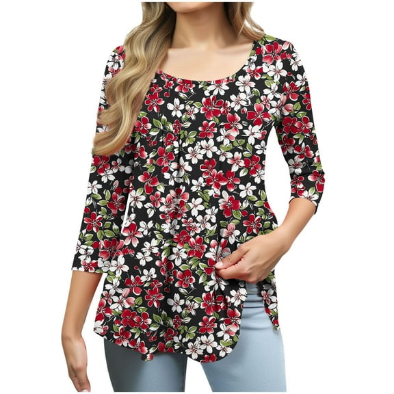 DeHolifer Women's T-Shirts Pleated 3/4 Sleeve Floral Printed Crewneck Summer Lightweight Loose Tee T-Shirts Wine XL