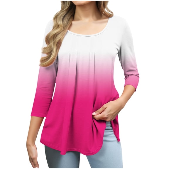 QQAMB Women's T-Shirts Pleated 3/4 Sleeve Gradient Color Crewneck Summer Lightweight Loose Tee T-Shirts Hot Pink XL