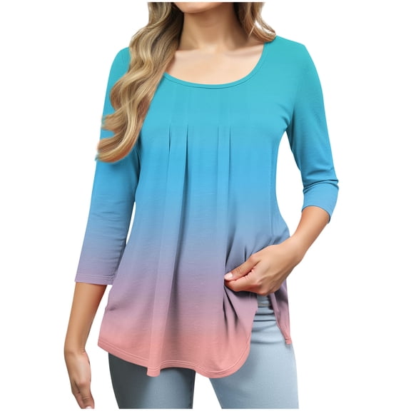 DeHolifer Women's T-Shirts Pleated 3/4 Sleeve Gradient Color Crewneck Summer Lightweight Loose Tee T-Shirts Sky Blue XL