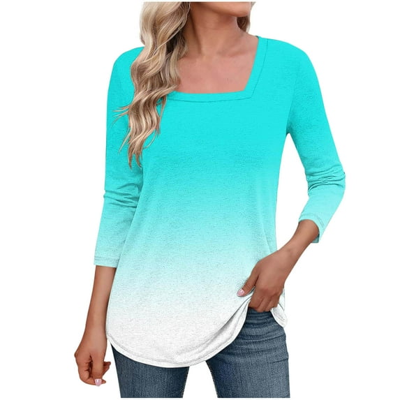 DeHolifer Women's T-Shirts Plus Size 3/4 Sleeve Square Neck Gradient Color Summer Loose Comfy Blouse T-Shirts Mint Green L
