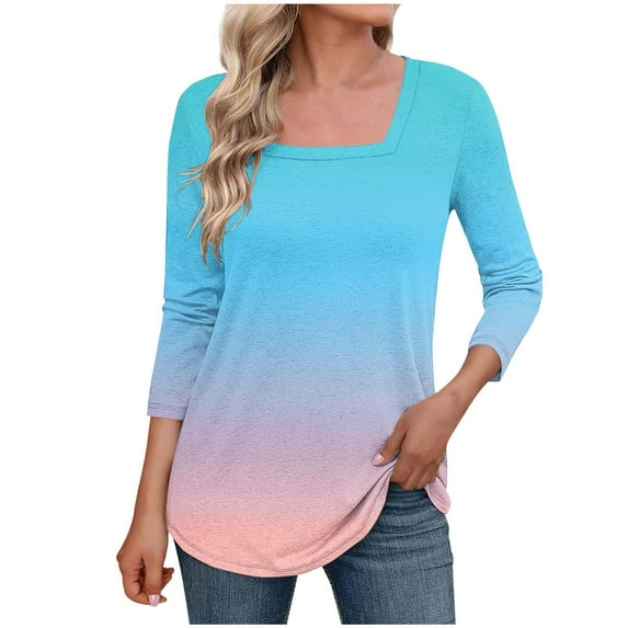 DeHolifer Women's T-Shirts Plus Size 3/4 Sleeve Square Neck Gradient Color Summer Loose Comfy Blouse T-Shirts Sky Blue XL