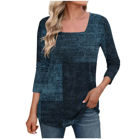 DeHolifer Women's T-Shirts Plus Size 3/4 Sleeve Square Neck Novelty Printed Summer Loose Comfy Blouse T-Shirts Navy XL