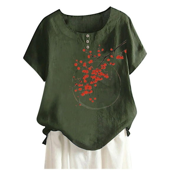 DeHolifer Women's T-Shirts Plus Size Casual Crewneck Floral Printed Button Short Sleeve Loose Blouse T-Shirts Army Green 4XL
