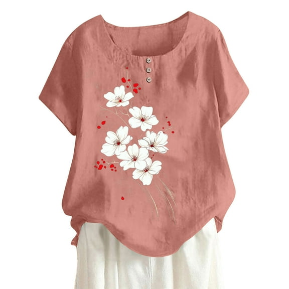 DeHolifer Women's T-Shirts Plus Size Casual Crewneck Floral Printed Button Short Sleeve Loose Blouse T-Shirts Pink 3XL