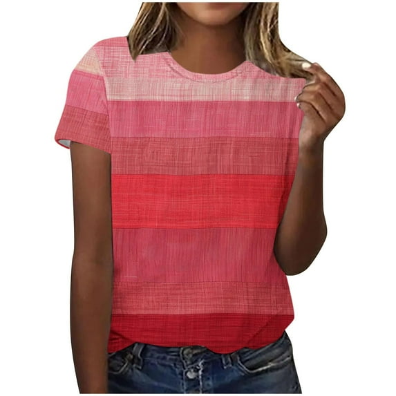 DeHolifer Women's T-Shirts Plus Size Casual Crewneck Strip Printed Short Sleeve Pullover Tops Summer Loose T-Shirts Multicolor XL