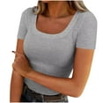 thumbnail image 1 of QQAMB Women's T-Shirts Plus Size Ribbed Solid Color Crewneck Short Sleeve Casual T-Shirts Summer Trendy Tops Gray L, 1 of 5