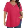 DeHolifer Women's T-Shirts Plus Size Summer Trendy Solid Color Casual Loose Short Sleeve V-Neck Blouse Tops Hot Pink XL