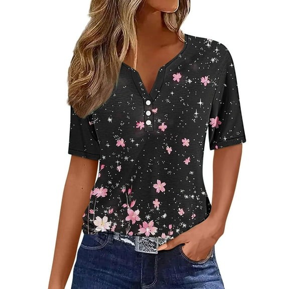 DeHolifer Women's T-Shirts Plus Size V-Neck Button Printed Short Sleeve Dressy Tunic Tops Summer Casual Tee T-Shirts Black 3XL