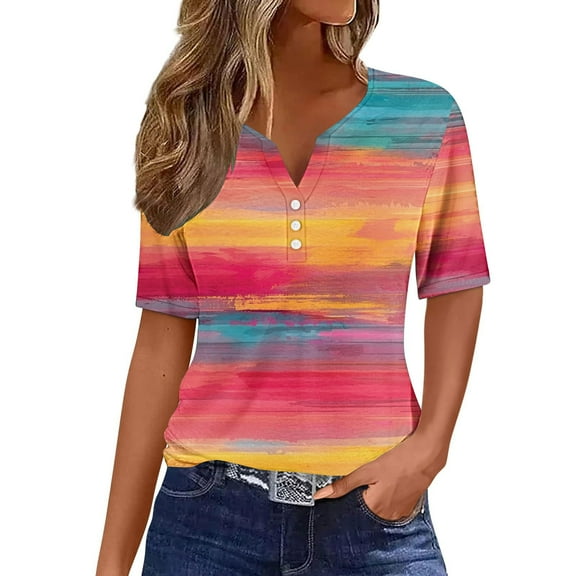 DeHolifer Women's T-Shirts Plus Size V-Neck Button Printed Short Sleeve Dressy Tunic Tops Summer Casual Tee T-Shirts Hot Pink L