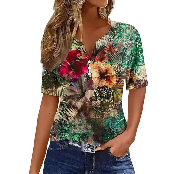 DeHolifer Women's T-Shirts Plus Size V-Neck Button Printed Short Sleeve Dressy Tunic Tops Summer Casual Tee T-Shirts Khaki 2XL