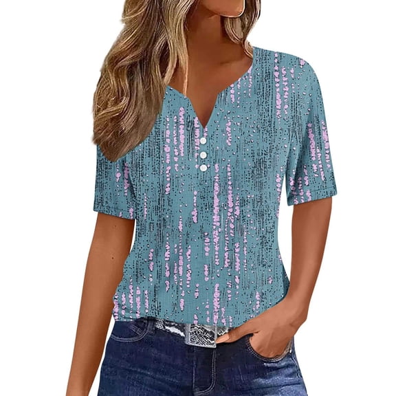 DeHolifer Women's T-Shirts Plus Size V-Neck Button Printed Short Sleeve Dressy Tunic Tops Summer Casual Tee T-Shirts Navy 3XL