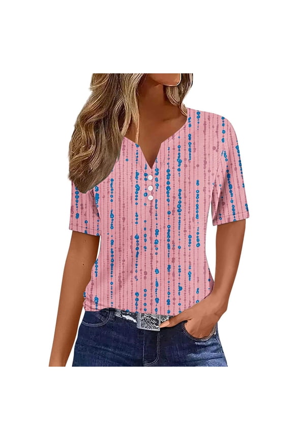 Women's T-Shirts Plus Size V-Neck Button Printed Short Sleeve Dressy Tunic Tops Summer Casual Tee T-Shirts Pink 3XL