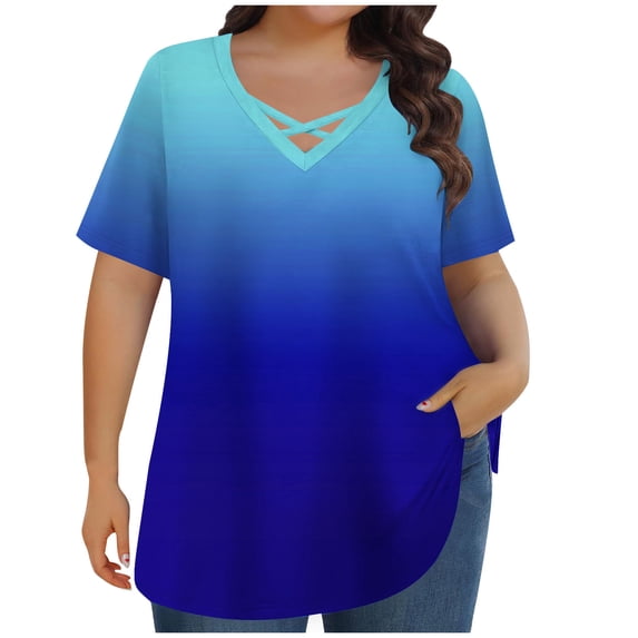 DeHolifer Women's T-Shirts Plus Size V-Neck Cross Gradient Color Summer Casual Loose Tee Tops Ladies Lightweight T-Shirts Blue XL