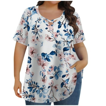DeHolifer Women's T-Shirts Plus Size V-Neck Cross Gradient Color Summer Casual Loose Tee Tops Ladies Lightweight T-Shirts Multicolor 5XL