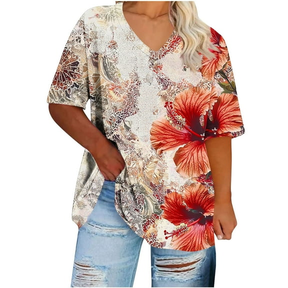DeHolifer Women's T-Shirts Plus Size V-Neck Floral Printed Short Sleeve Casual Loose Summer Trendy Lightweight Blouse T-Shirts Khaki L