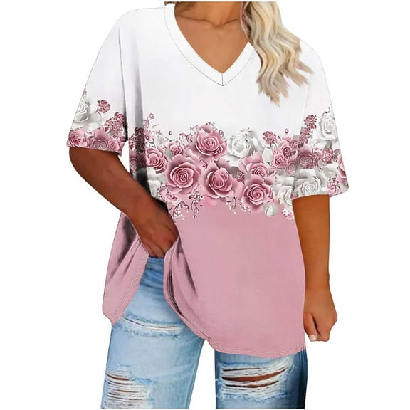 DeHolifer Women's T-Shirts Plus Size V-Neck Floral Printed Short Sleeve Casual Loose Summer Trendy Lightweight Blouse T-Shirts Pink 3XL