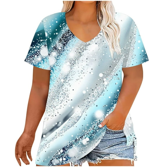 DeHolifer Women's T-Shirts Plus Size V-Neck Marble Printed Short Sleeve Solid Color Summer Tee T-Shirt Blouse White 4XL