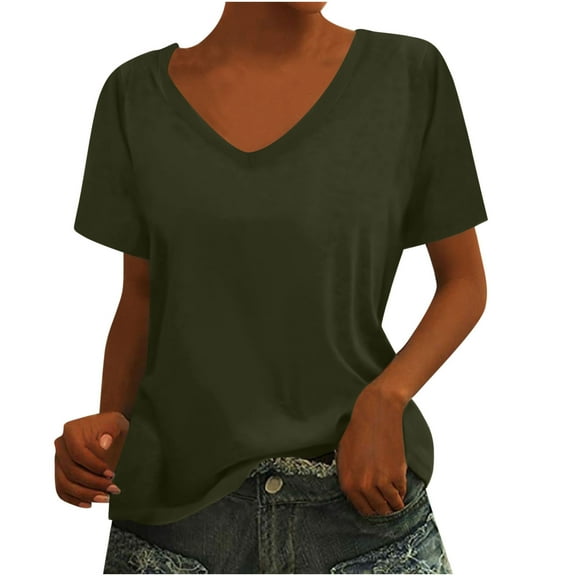 DeHolifer Women's T-Shirts Plus Size V-Neck Short Sleeve Loose Solid Color T-Shirt Tunic Summer Blouse Shirt Army Green S