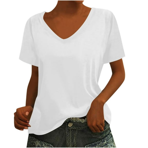 DeHolifer Women's T-Shirts Plus Size V-Neck Short Sleeve Loose Solid Color T-Shirt Tunic Summer Blouse Shirt White M