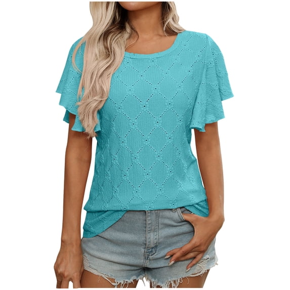 DeHolifer Women's T-Shirts Solid Color Hollow Out Crewneck Ruffle Sleeve Short Sleeve Casual Lightweight Blouse Blue L