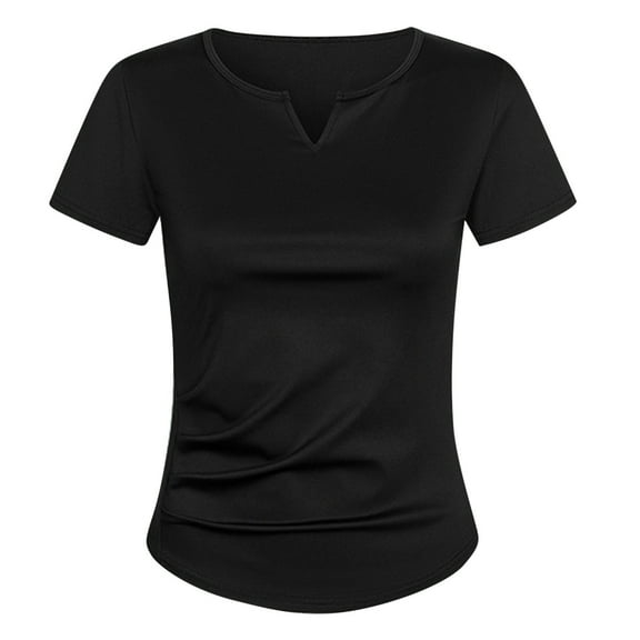 DeHolifer Women's T-Shirts Summer V-Neck Solid Color Casual Lightweight Short Sleeve Pleated T-Shirts Black M