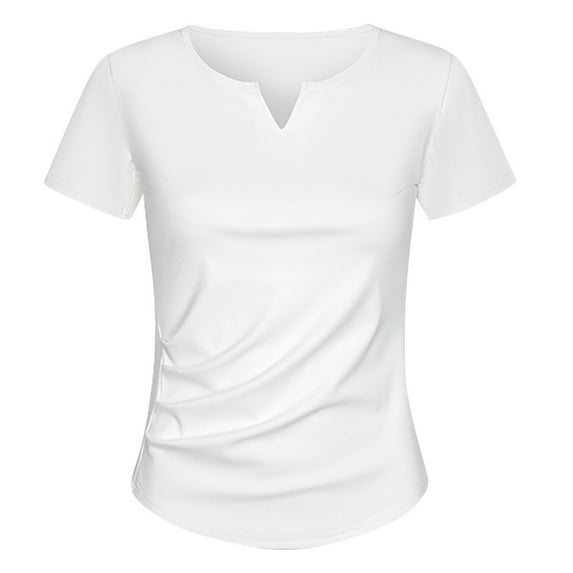 QQAMB Women's T-Shirts Summer V-Neck Solid Color Casual Lightweight Short Sleeve Pleated T-Shirts White 2XL