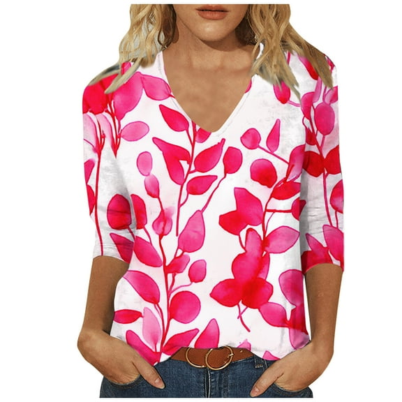 QQAMB Women's T-Shirts V-Neck 3/4 Sleeve Floral Printed Dressy Tunic Tops Casual Loose T-Shirts Hot Pink S