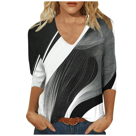 DeHolifer Women's T-Shirts V-Neck 3/4 Sleeve Strip Printed Dressy Tunic Tops Casual Loose T-Shirts Black 2XL