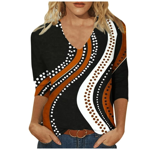 DeHolifer Women's T-Shirts V-Neck 3/4 Sleeve Strip Printed Dressy Tunic Tops Casual Loose T-Shirts Brown M