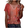 thumbnail image 1 of DeHolifer Women's T-Shirts V-Neck Cross Casual Printed Short Sleeve Summer Lightweight Tee Tops Red S, 1 of 8