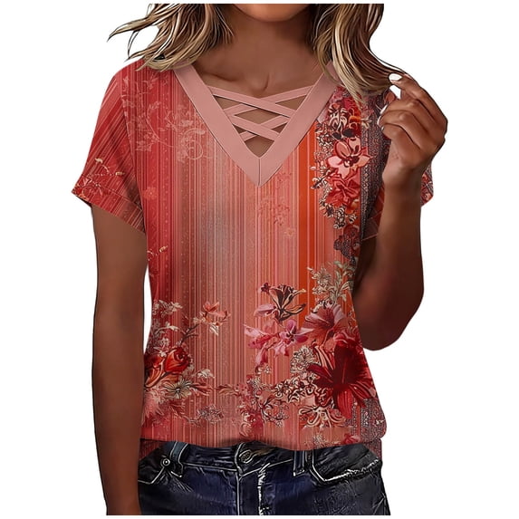 DeHolifer Women's T-Shirts V-Neck Cross Casual Printed Short Sleeve Summer Lightweight Tee Tops Red S