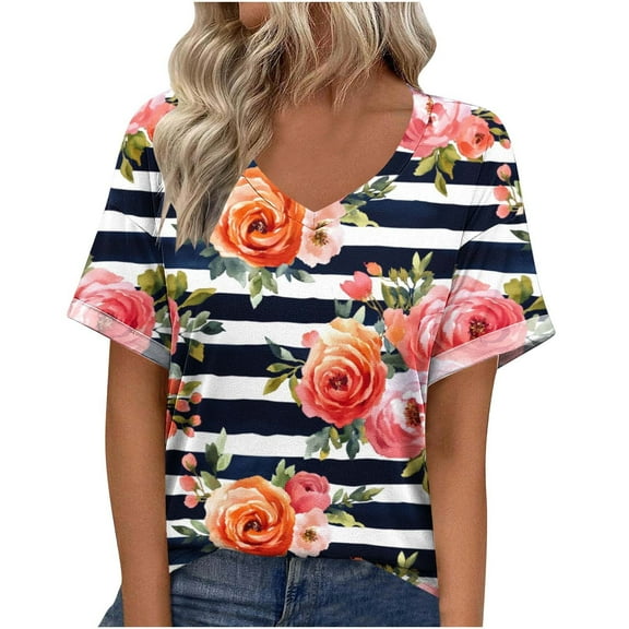 DeHolifer Women's T-Shirts V-Neck Floral Printed Summer Casual Lightweight Short Sleeve Trendy Tee T-Shirts Multicolor XL