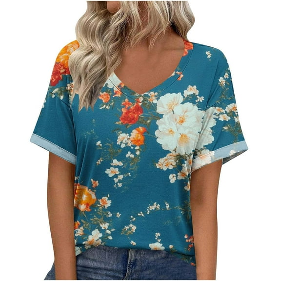 DeHolifer Women's T-Shirts V-Neck Floral Printed Summer Casual Lightweight Short Sleeve Trendy Tee T-Shirts Multicolor XL