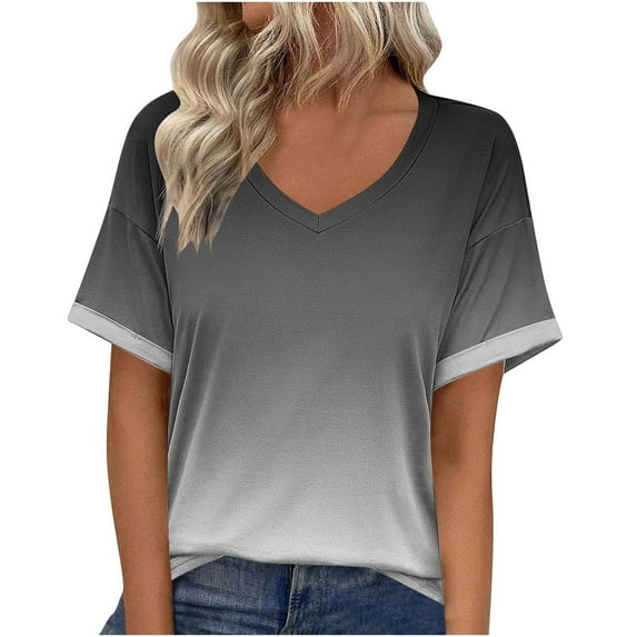 DeHolifer Women's T-Shirts V-Neck Gradient Color Summer Casual Lightweight Short Sleeve Trendy Tee T-Shirts Multicolor S